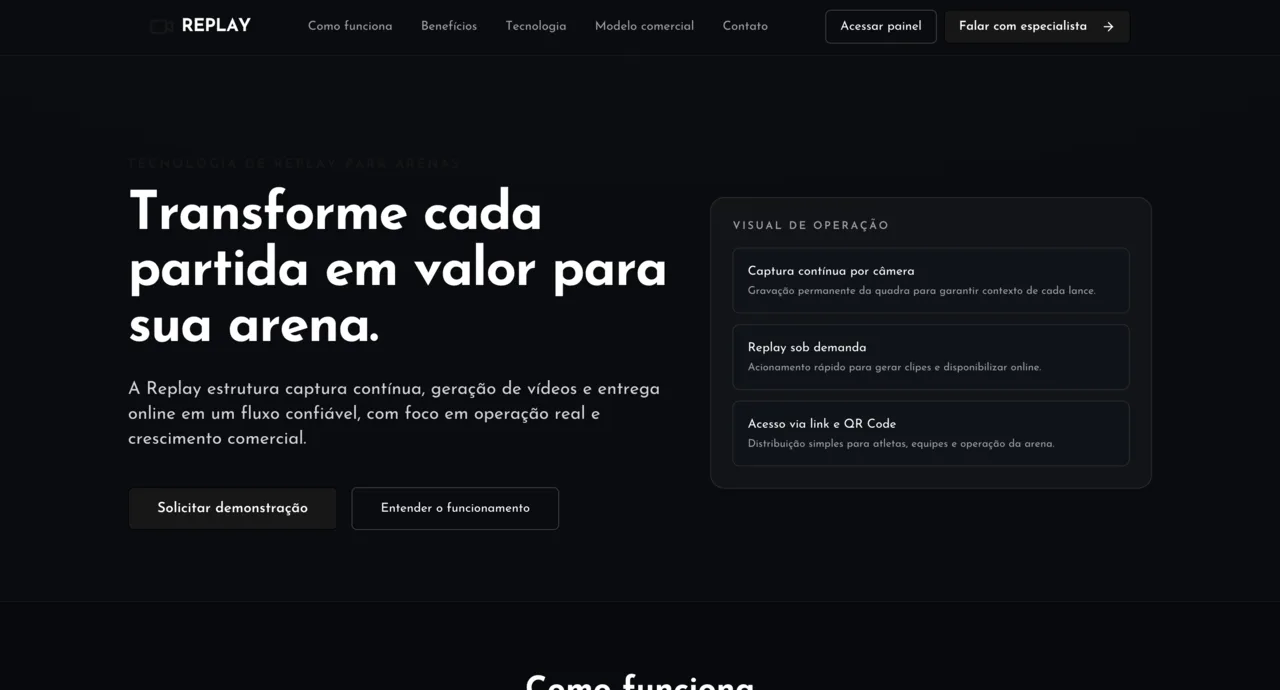 Página do sistema Replay para arenas esportivas com captura contínua e replay sob demanda